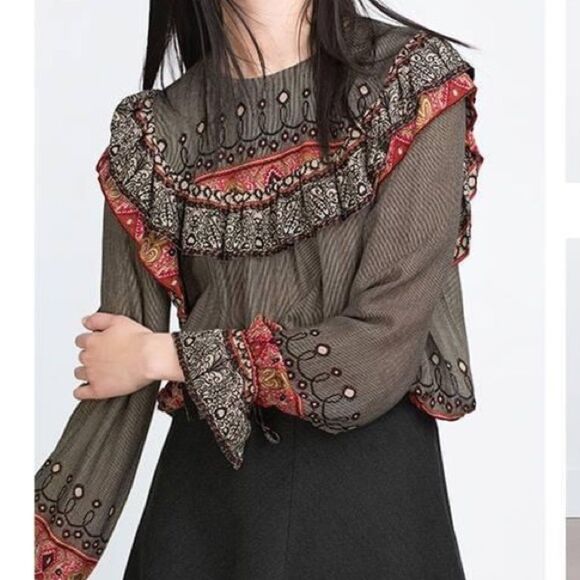 Zara Trafaluc Boho Ruffle Neck Long Sleeve Top, Size XS - Picture 1 of 10